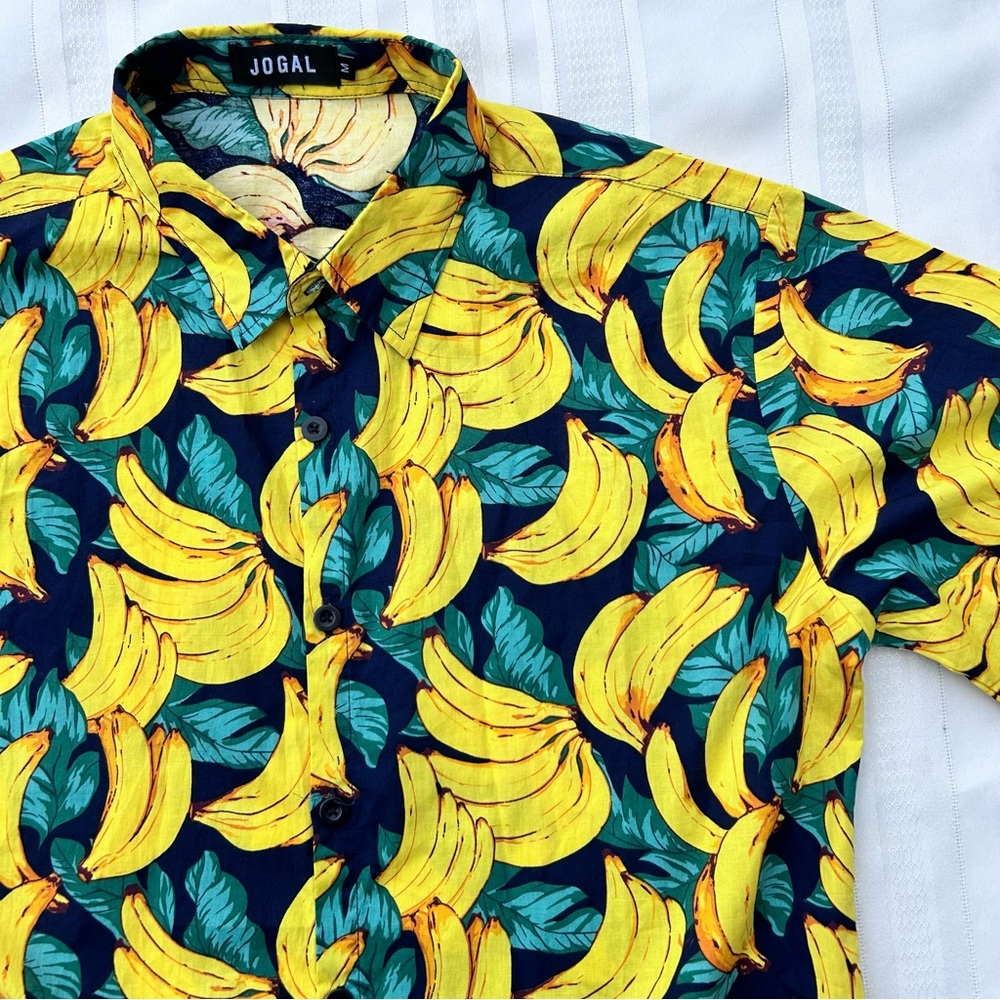 Jogal shirt button down banana print men’s medium blue yellow green 100%cotton